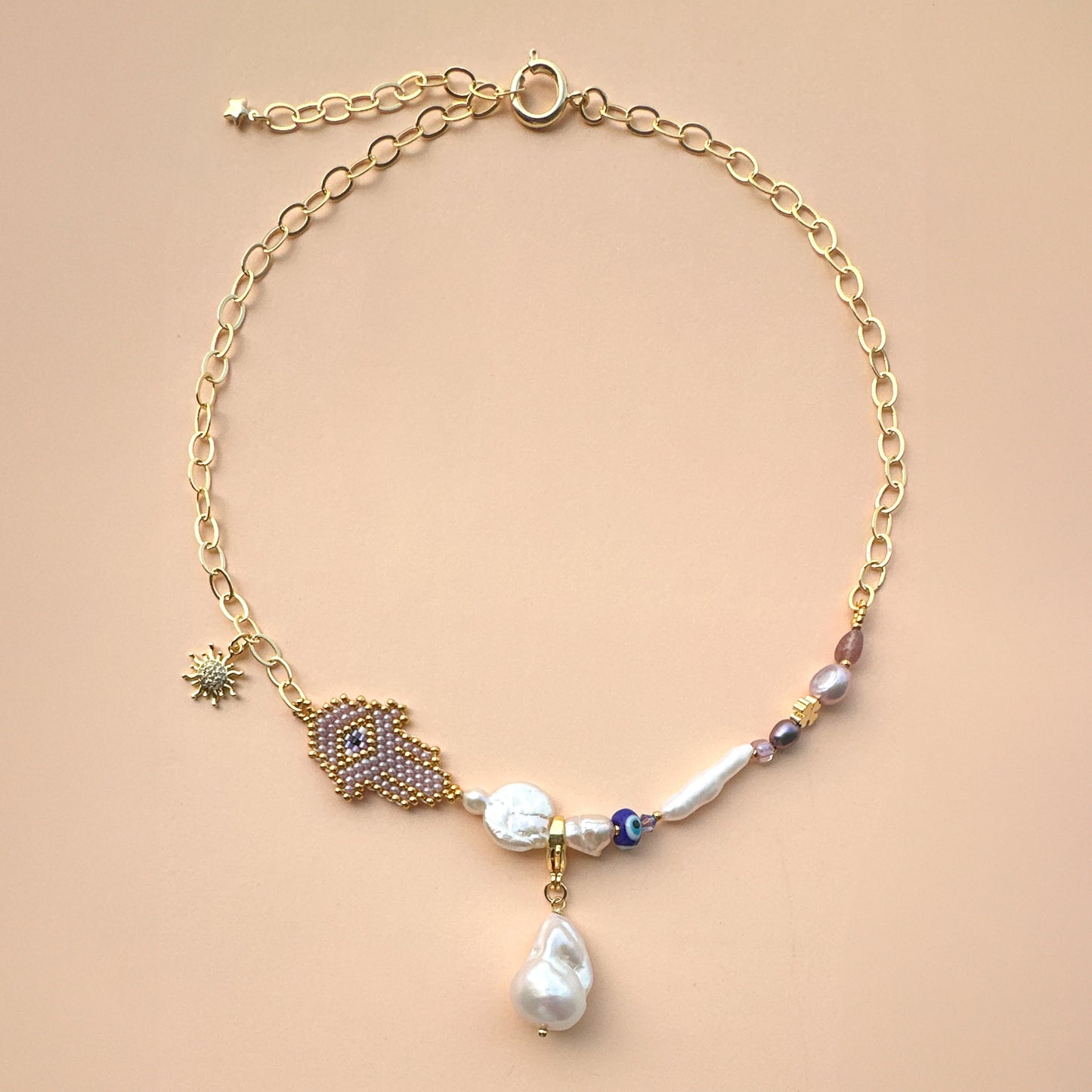 Hamsa Necklace with baroque pearl