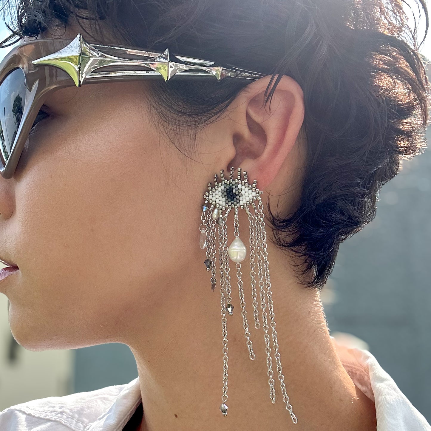 Evil Eye earrings with baroque pearls