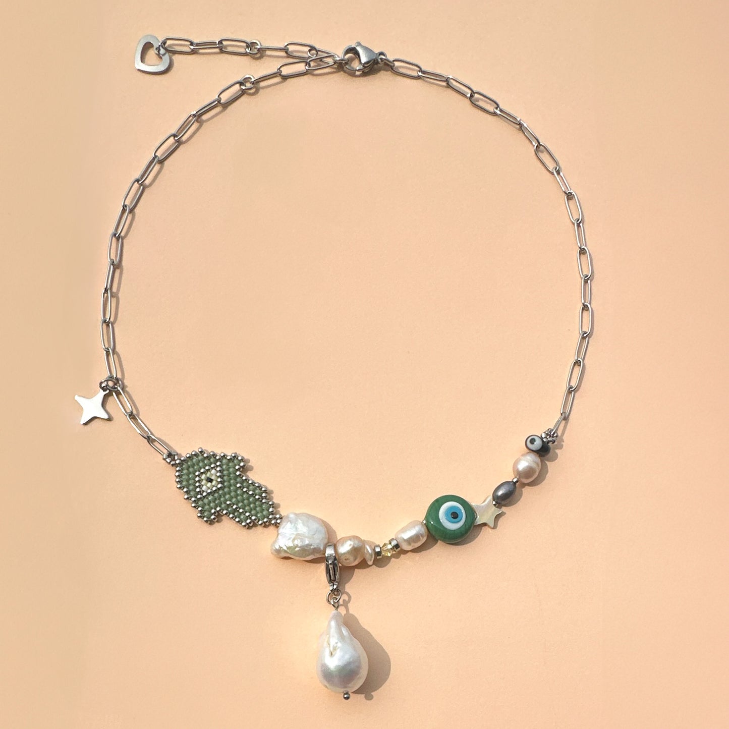 Hamsa Necklace with baroque pearl