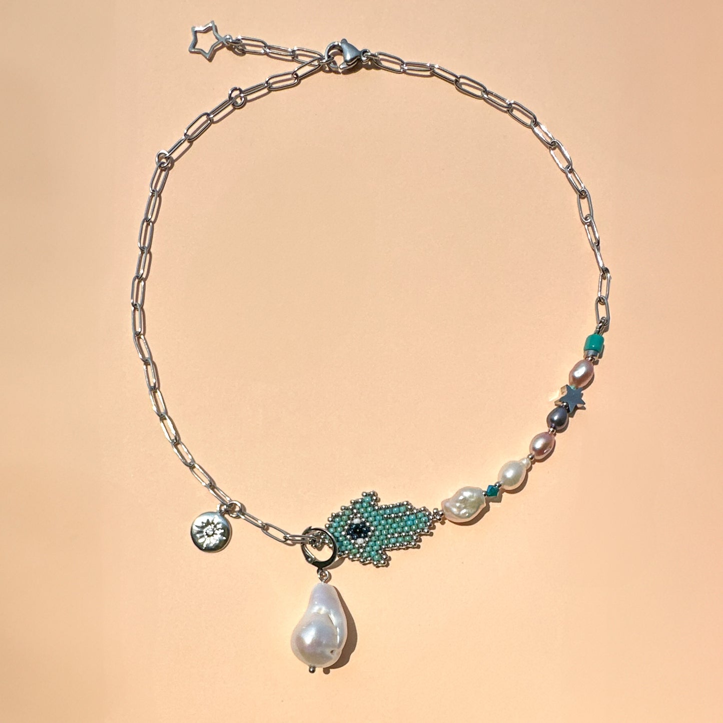 Hamsa Necklace with baroque pearl