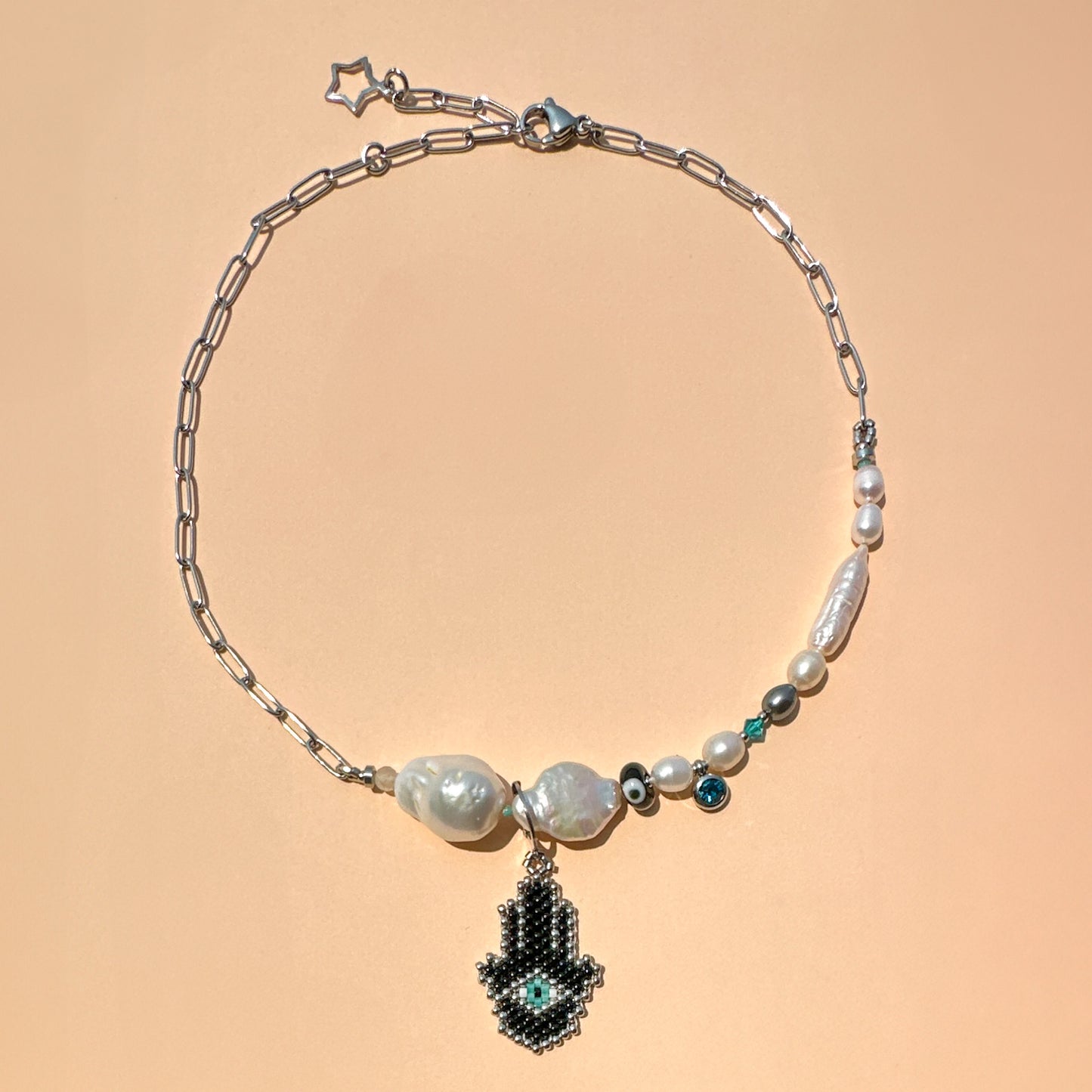 Hamsa Necklace with baroque pearl