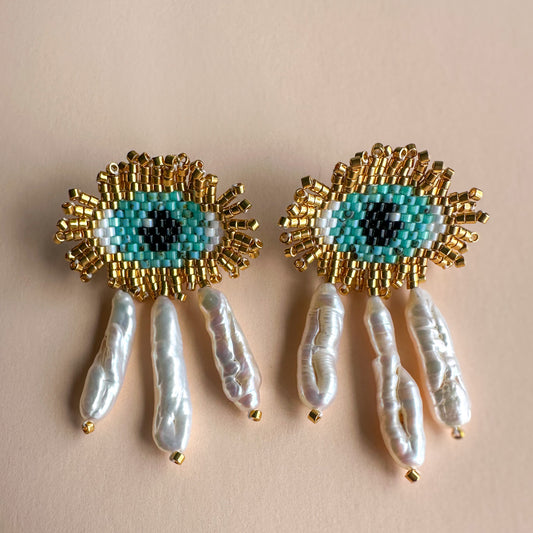 Evil eye & 3 perls tears studs (pair)