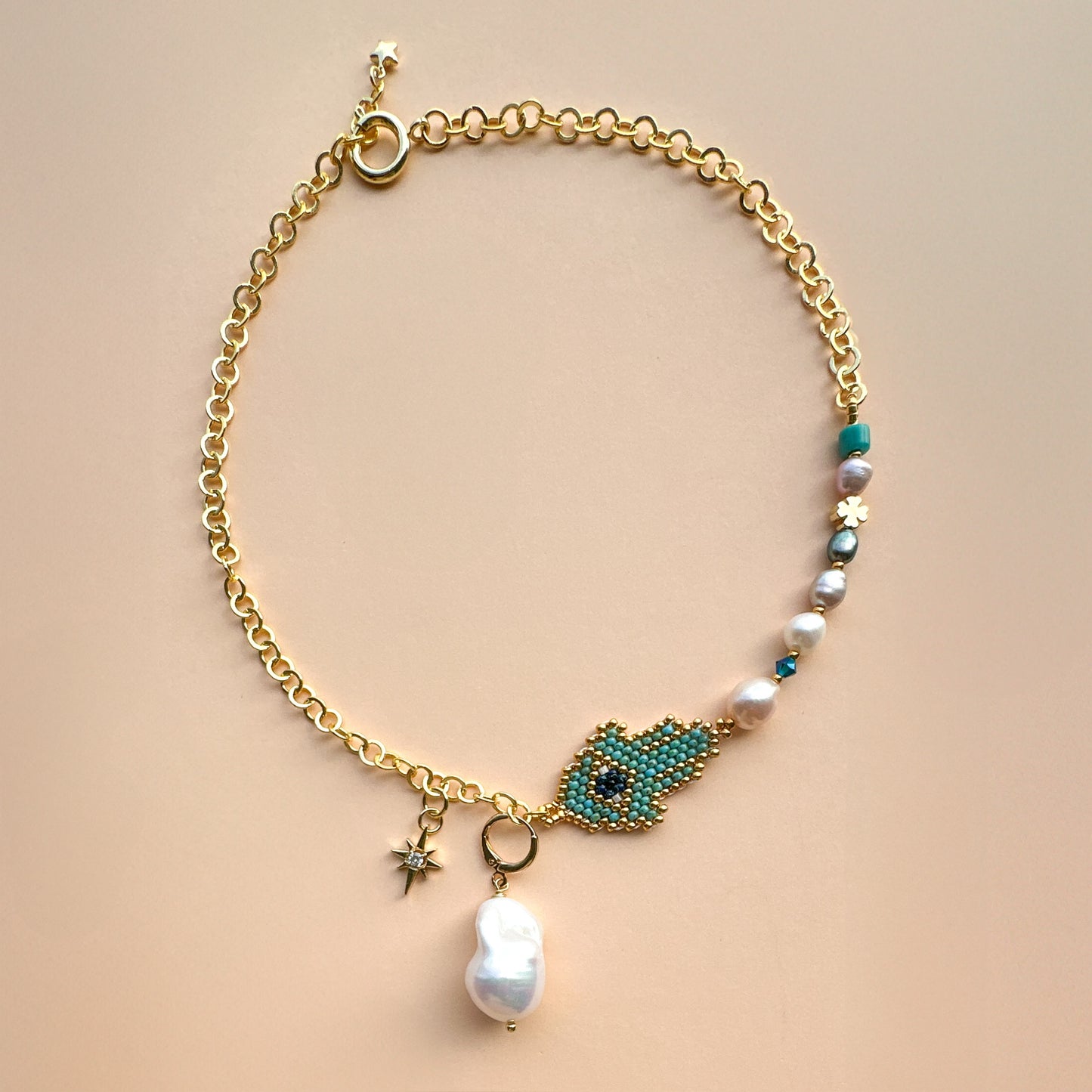 Hamsa Necklace with baroque pearl