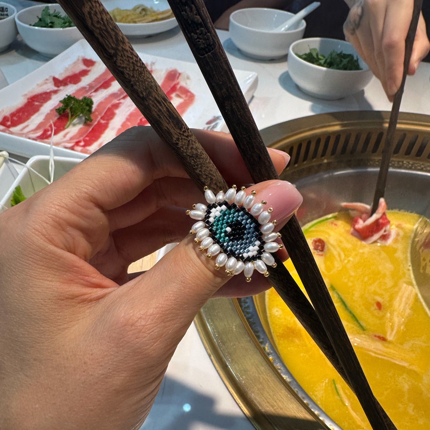 Evil Eye ring & FW pearls (more pearls)