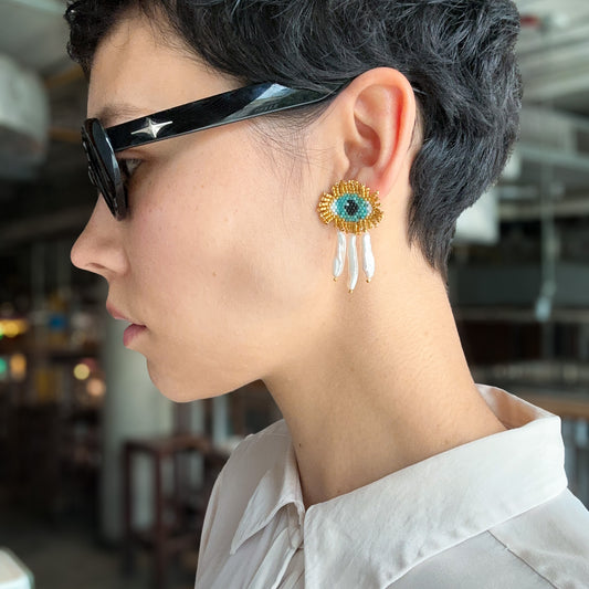 Evil eye & 3 perls tears studs (pair)