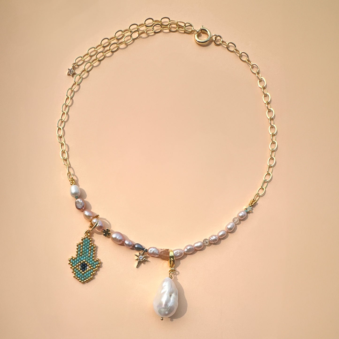 Hamsa Necklace with baroque pearl