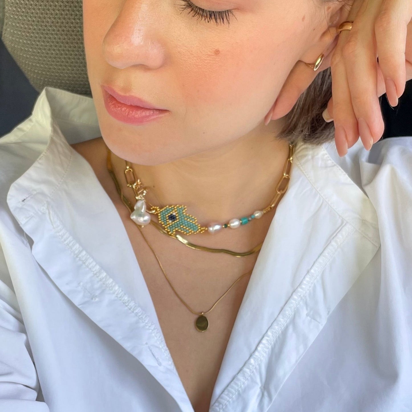 Hamsa Necklace with baroque pearl