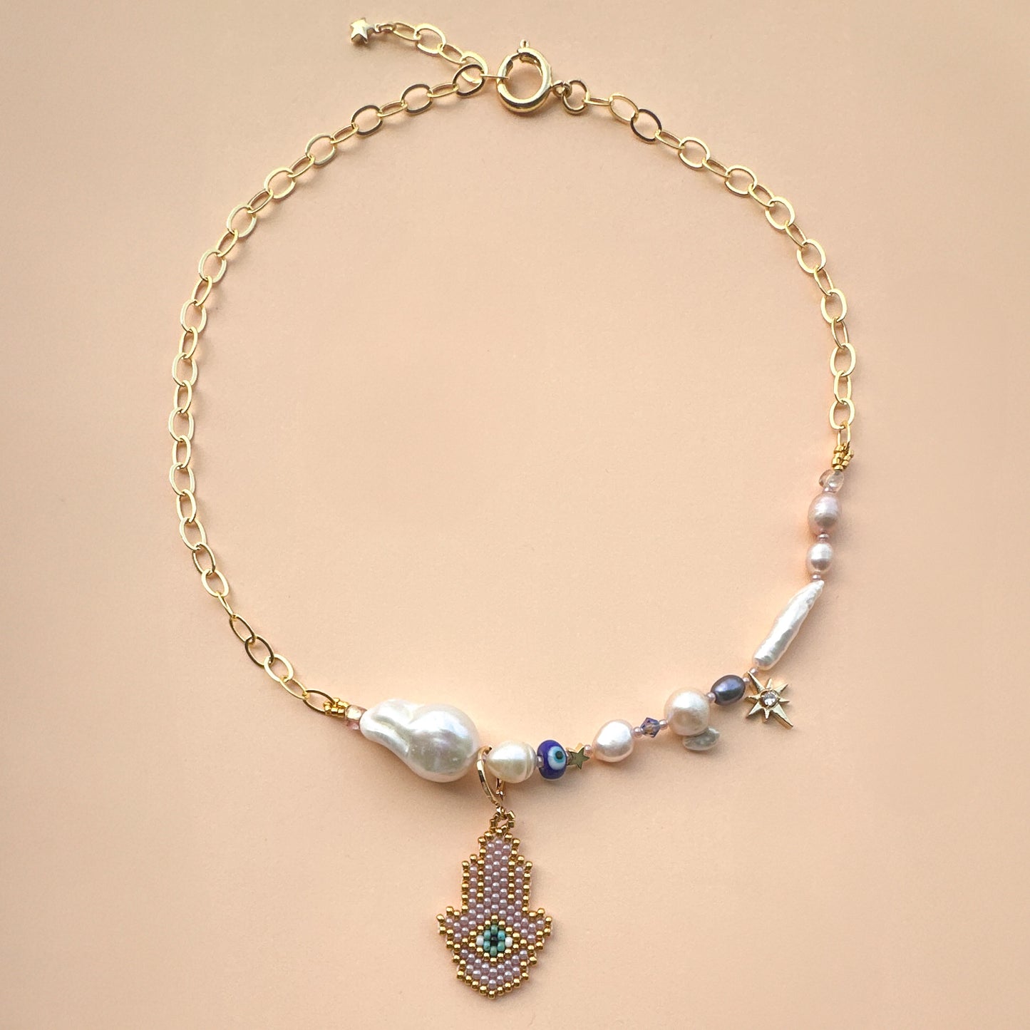 Hamsa Necklace with baroque pearl