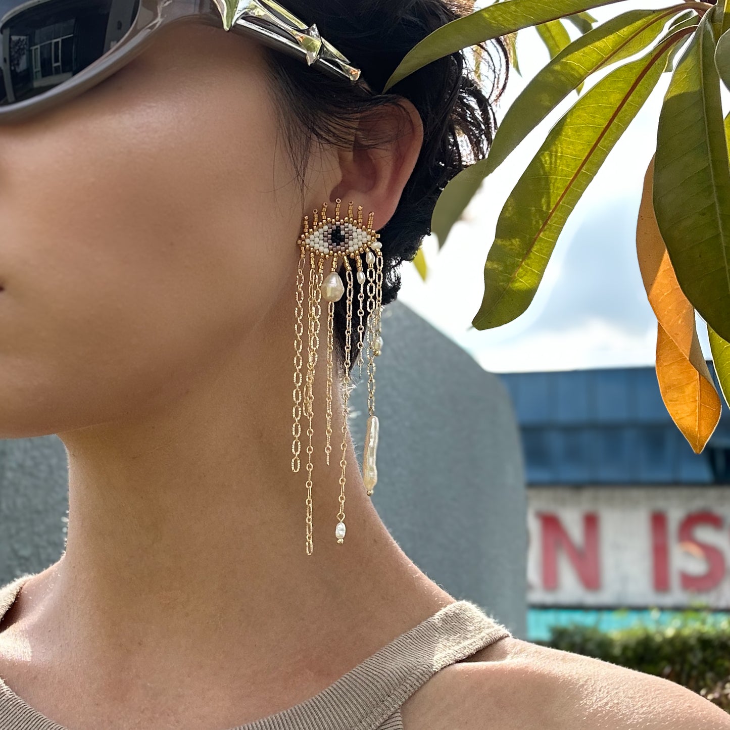 Evil Eye earrings with baroque pearls