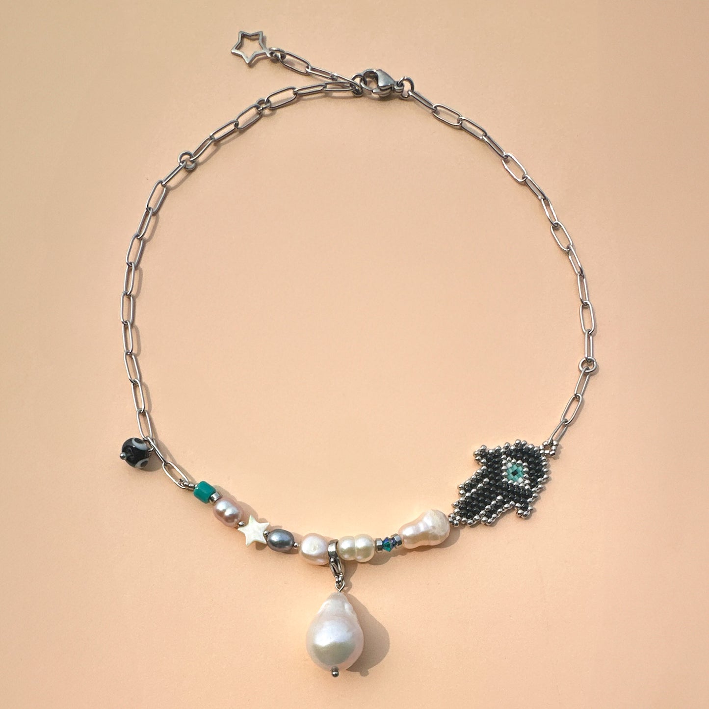 Hamsa Necklace with baroque pearl